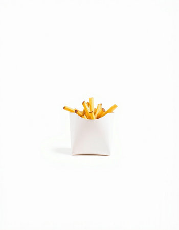 French fries in a white paper box on a white background, isolatedの写真素材