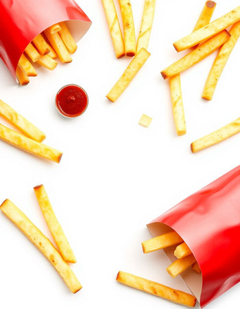 French fries with ketchup isolated on white background. Top view.の写真素材