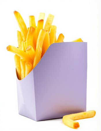 French fries in a purple box on a white background. Isolatedの写真素材