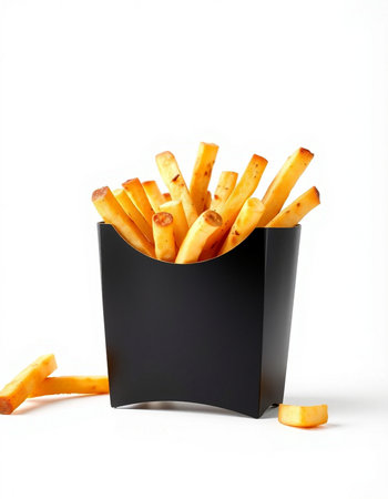 French fries in a black box on a white background. Isolated