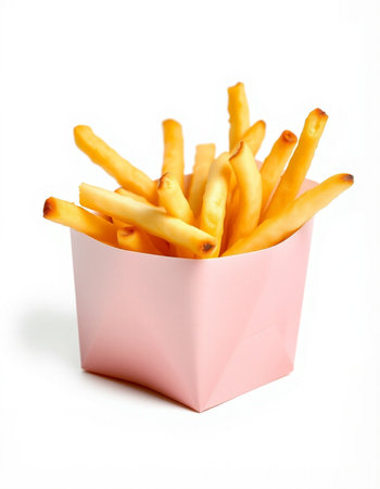 French fries in a pink box on a white background. Isolatedの写真素材