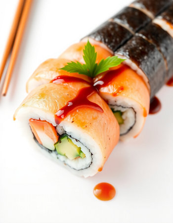 Sushi roll with salmon, cheese and cucumber on white backgroundの写真素材