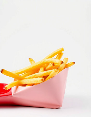 French fries in a plastic container on a white background. Selective focus.の写真素材