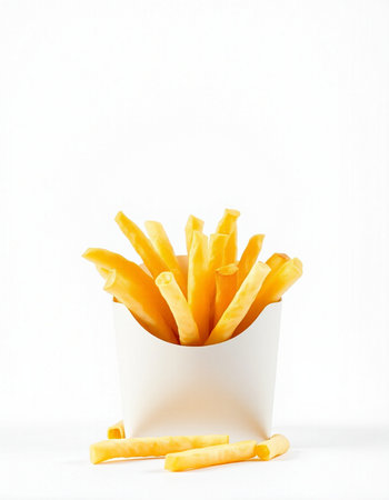 French fries in a white box on a white background. Isolated