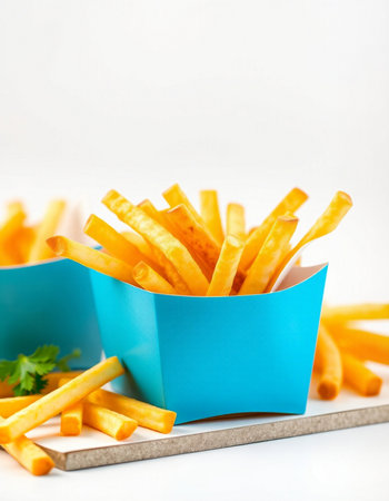 French fries in a blue box on a white background. Selective focus.の写真素材