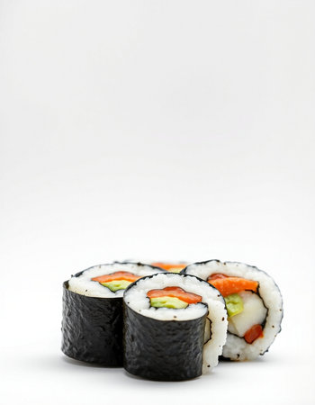 Sushi roll with salmon, cucumber and nori on white backgroundの写真素材