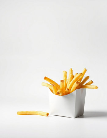 French fries in a white box on a white background with copy space