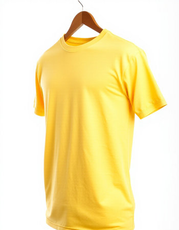 Yellow t-shirt on a hanger on a white background.の写真素材