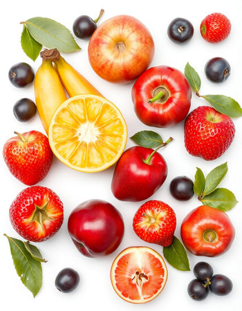 Fruits on white background. Healthy food concept. Flat lay, top view