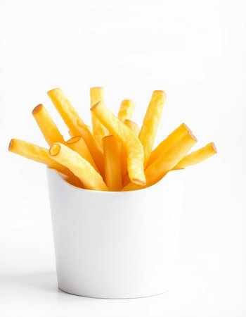 French fries in a white cup on a white background. Isolated