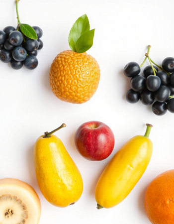 Fruits and berries on white background. Flat lay, top view