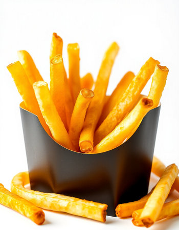 French fries in a black box on a white background. Selective focus