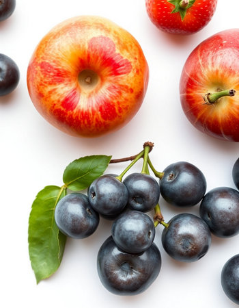 Apples, plums and grapes isolated on a white background.