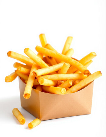 French fries in a paper box on a white background. Selective focus.