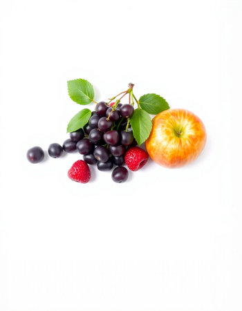 Berries isolated on a white background. Ripe red apple, black currant, black cherry, strawberry