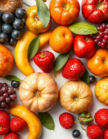 Fruits and vegetables on a white background. View from above.