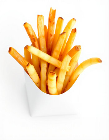 French fries in a white box on a white background, close-up
