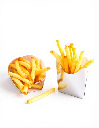 French fries in paper box isolated on white background. Selective focus.