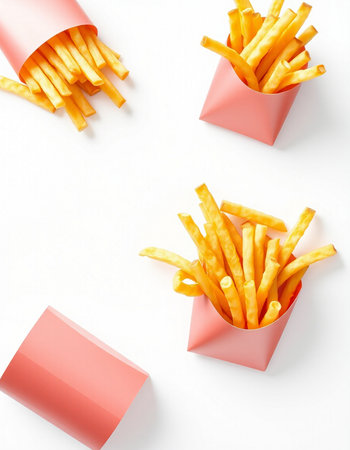 French fries in a paper box on a white background, top view