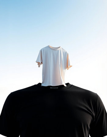Rear view of man with blank t-shirt on neck against blue skyの写真素材