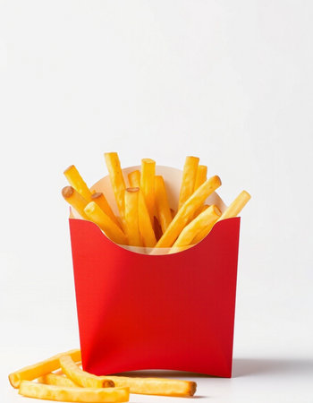 French fries in a red box on a white background, fast food