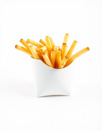 French fries in a white paper box isolated on a white background.