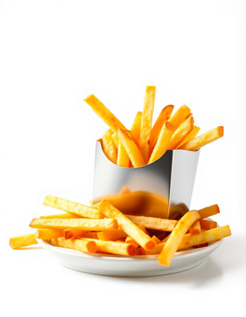 Golden French fries in a white plate on a white background. Fast food.