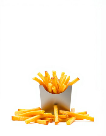 French fries in a metal box on a white background with copy space
