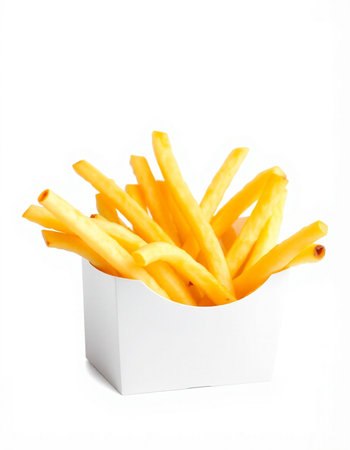 French fries in a white box on a white background. Isolated