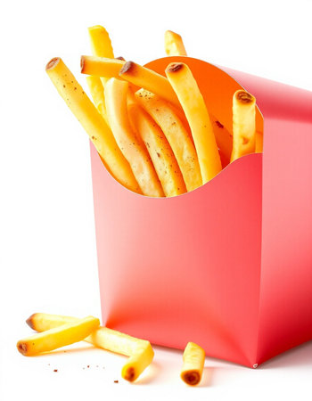 French fries in a red box on a white background, isolated.
