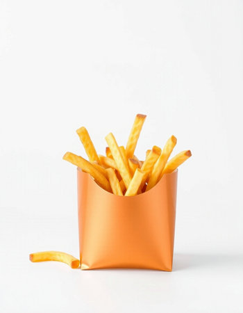Golden French fries in a paper bag isolated on a white background.の写真素材