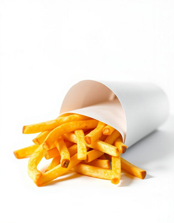 French fries in a paper cup on a white background. Fast food.