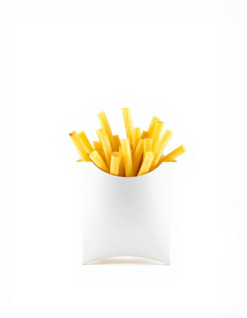 French fries in a white box on a white background. Isolated