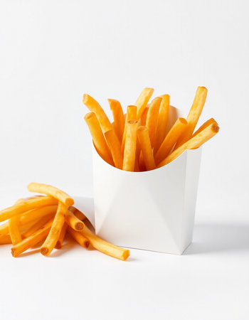 French fries in a white box on a white background. Fast food.