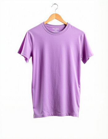 Purple t-shirt on a hanger isolated on white backgroundの写真素材