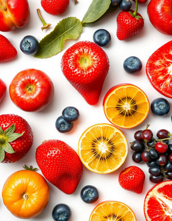 Fresh fruits and berries on white background, top view. Flat lay pattern