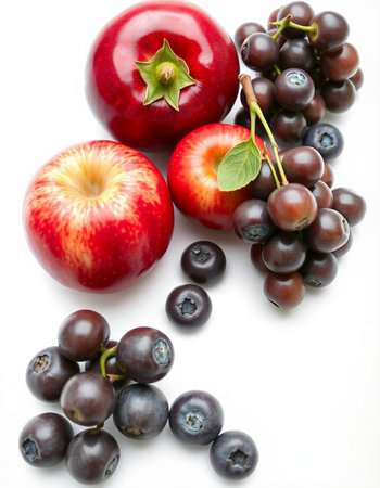 Red apples and blueberries on a white background. Close-up.の写真素材