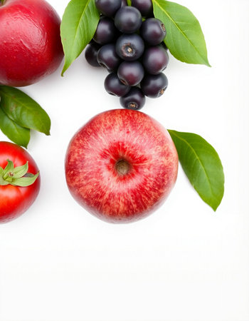 Fresh red apple and black currant with green leaves isolated on white backgroundの写真素材