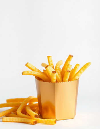 Golden French fries in paper box on white background. Fast food conceptの写真素材