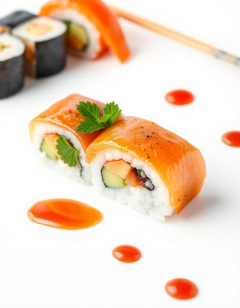 Sushi roll with salmon, cream cheese and cucumber on a white backgroundの写真素材