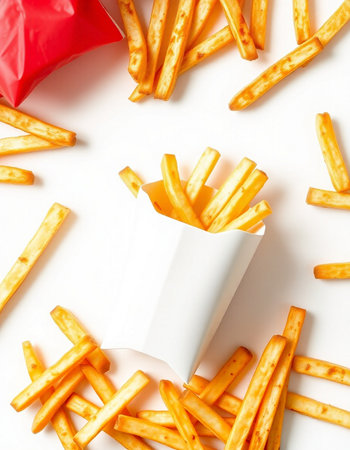 French fries in white paper box on white background. Top view.の写真素材
