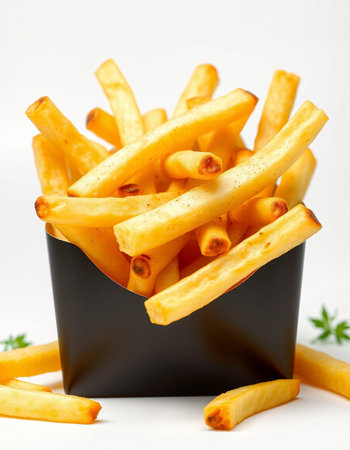 French fries in a black box on a white background. Selective focus