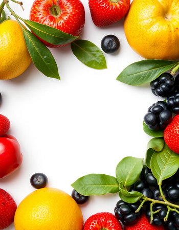 Fresh fruits and berries isolated on a white background. Top view.