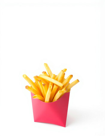 French fries in pink box isolated on white background. Fast food.