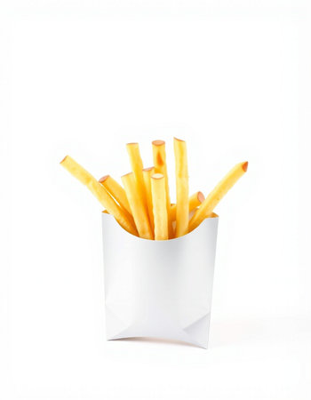 French fries in paper box isolated on white background. Close up.