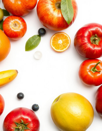 Fruits and vegetables on a white background. Flat lay, top viewの写真素材