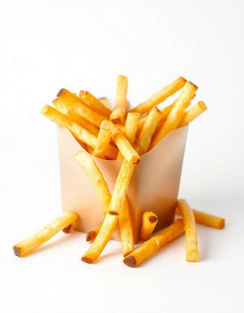French fries in paper box on white background. Selective focus.