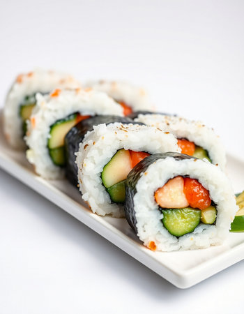 Sushi roll with salmon, cucumber and cream cheese on white plate