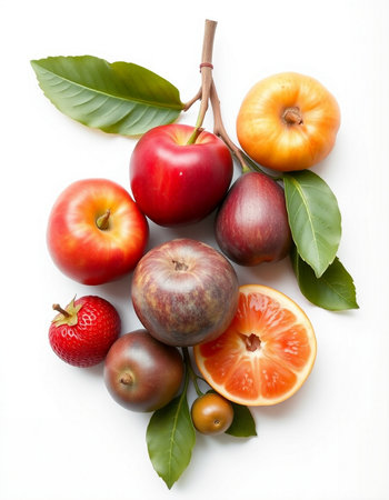 Fruits and vegetables on white background. Healthy food concept. Top view.の写真素材