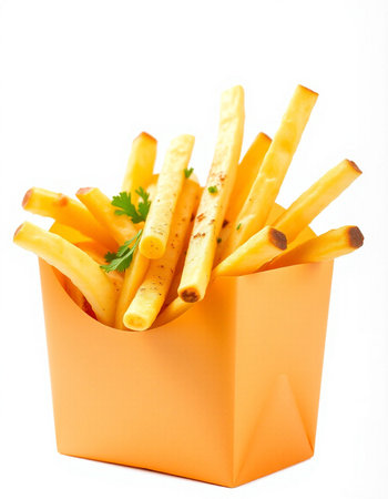 French fries in paper box isolated on white background. Selective focus.